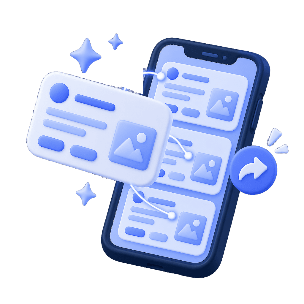 プロンプトのカードがスマートフォンのSNSフィードへ飛び出していく3Dイラスト